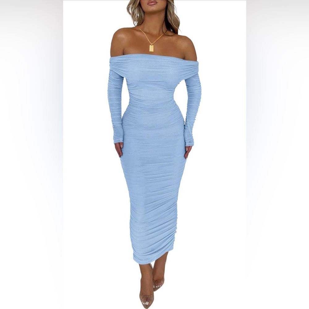 PRETTYGARDEN Fall Off Shoulder Maxi Bodycon Dress Long Sleeve Ruched Fitted Z4